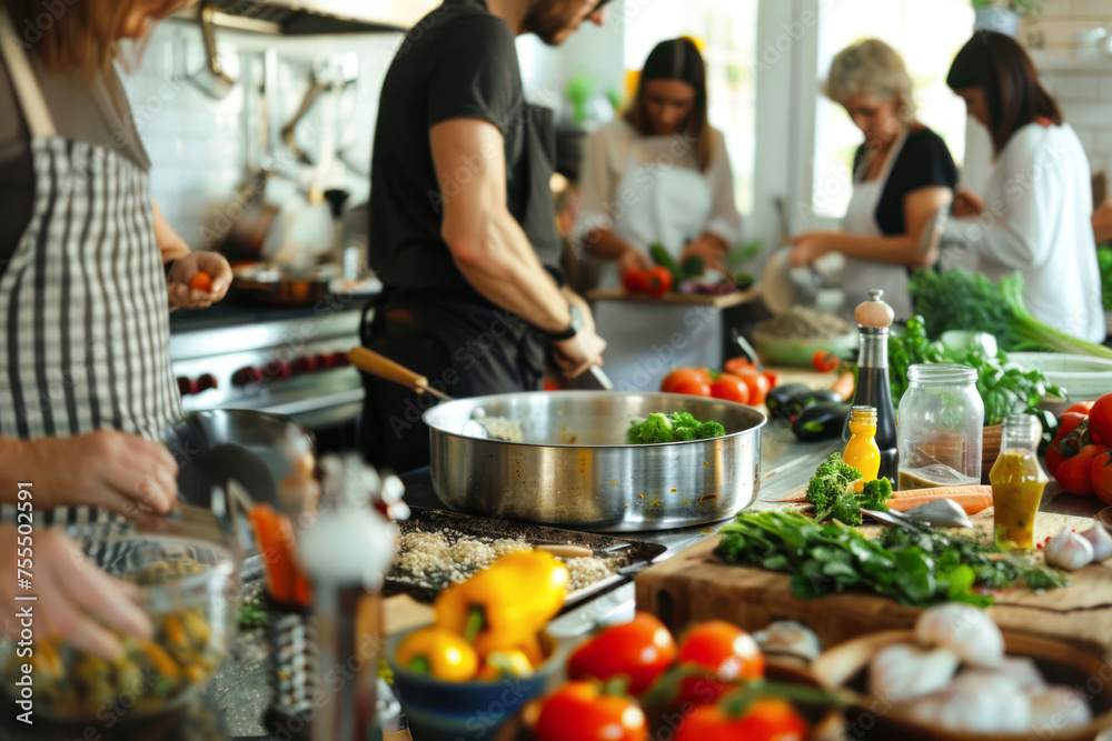 In a modern kitchen, people are actively engaged in cooking, chopping, and seasoning meals, with a focus on healthy ingredients