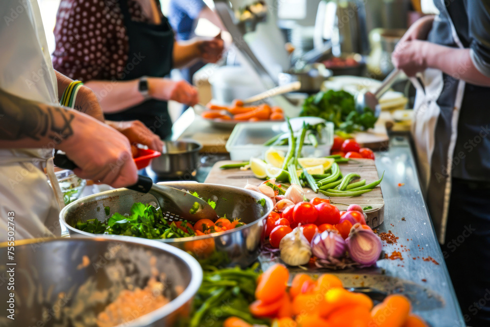 The hustle of a busy kitchen is captured in motion as several people engage in the preparation of a h The hustle of a busy kitchen is captured in motion as several people engage in the preparation of a h