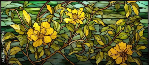 A stained glass window featuring intricate yellow flowers and vibrant green leaves. The sunlight filters through the colorful glass, creating a warm and inviting ambiance in the room.