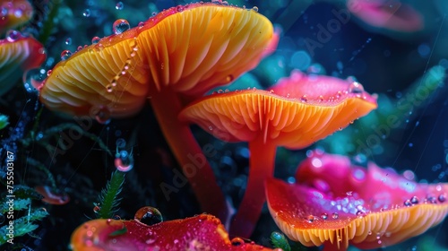 Against a dark background, the neon-lit mushrooms appear vibrant in a close-up with sparkling water droplets.