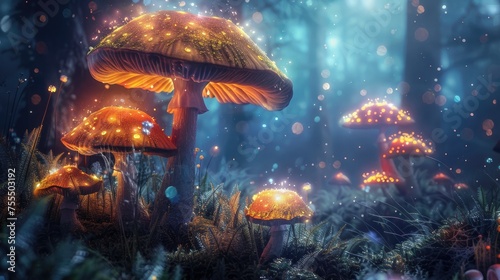 Sparkling water droplets decorate vibrant, neon-lit mushrooms in a stunning close-up with a dark background.