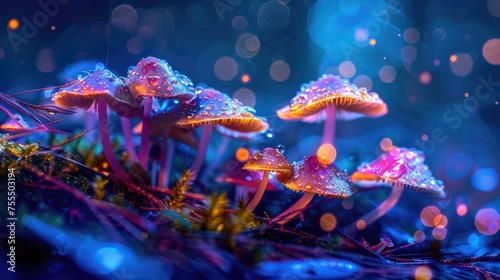 A dark background complements the close-up view of vibrant, neon-lit mushrooms with sparkling water droplets.