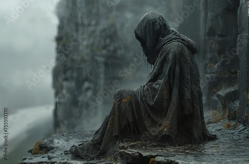 Mysterious hooded figure sitting on ancient stone steps in a foggy environment, evoking solitude and contemplation.