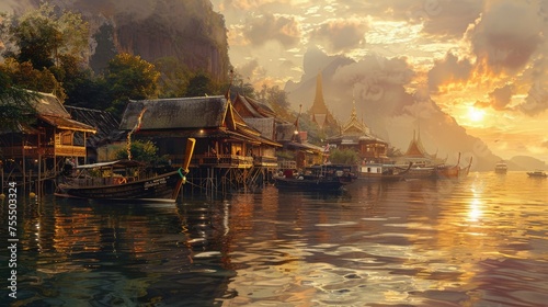 Nearby, traditional boats are moored, and stilt houses border the tranquil lake, all under the warm radiance of the setting sun.