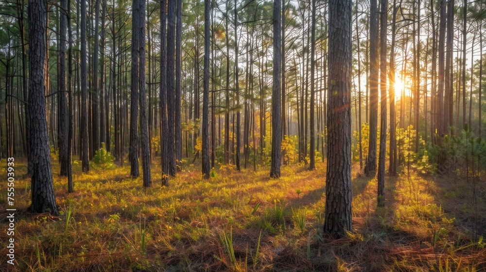 Sunlight streams through a tranquil pine forest, casting a golden glow on the woodland floor during the magic hour. Sunlight streams through a tranquil pine forest, casting a golden glow on the woodland floor during the magic hour.