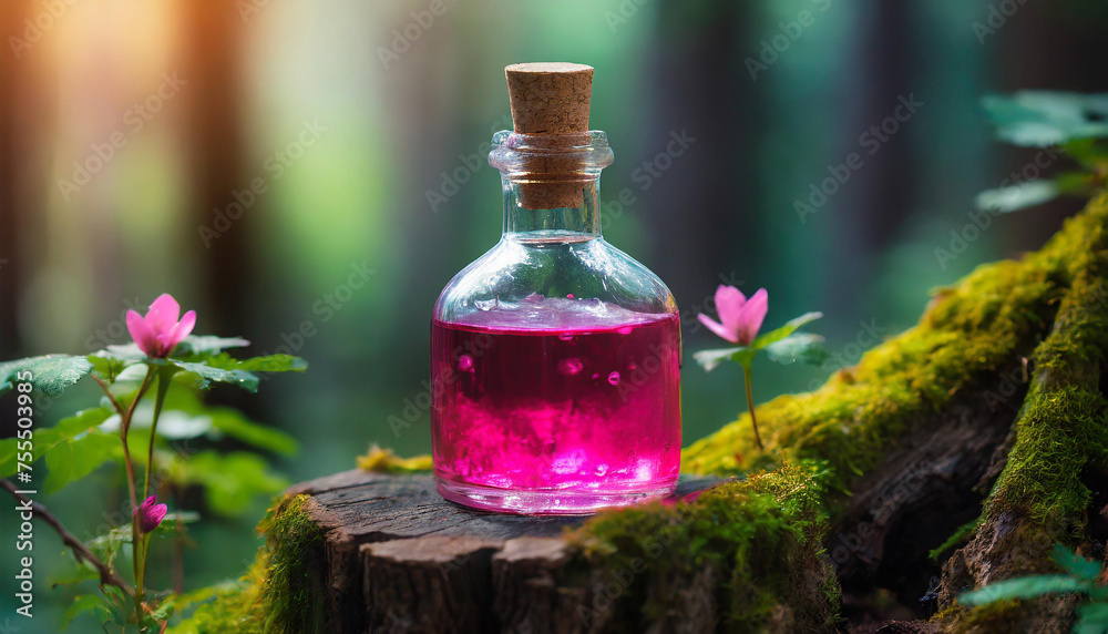 Small glass bottle filled with magic pink poison on top of tree stump. Magical elixir. Small glass bottle filled with magic pink poison on top of tree stump. Magical elixir.