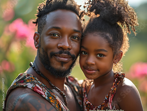 Padre cargando a su hija en brazos, estampa fotográfica, celebración, amor paternal, morenos, pelo afro, sonrientes, felices, fondo verde y rosa, camisas floridas