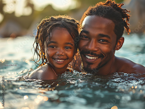 Un hombre y su hija bañándose en el mar, fondo desenfocado playa, agua cristalina, ambos sonriendo cubiertos menos la cabeza, disfrutando en el día del padre, vacaciones compartidas, custodia, menores