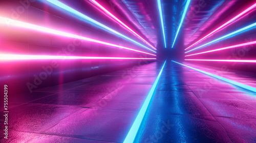 Futuristic neon tunnel with glowing pink and blue lights in 3D abstract background