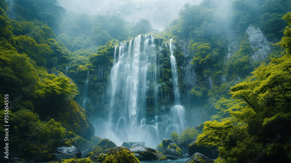 Majestic waterfall in a lush green forest with mist and sunlight filtering through
