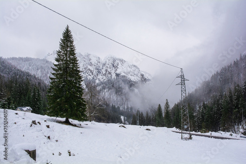 Deep winter snow in Val Pontebbana, north of Pontebba in Udine Province, Friuli-Venezia Giulia, North East Italy. Late February photo
