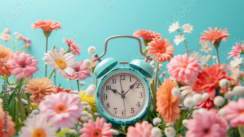 Vintage alarm clock amidst colorful flowers on a teal background