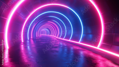 Futuristic neon tunnel with pink and blue lights in abstract design
