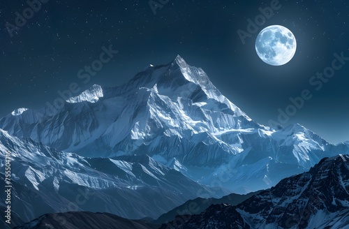 Ethereal Himalayan night under a full moon, captured through a Nikon D850 with a NIKKOR 24-70mm lens, highlighting snowcapped peaks and a magical sky. photo