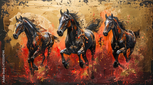 Dynamic abstract painting of horses with vibrant metal elements and textures