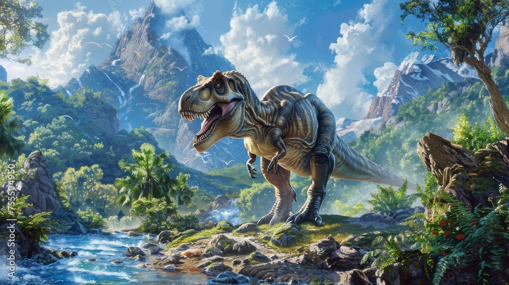 A mighty Tyrannosaurus Rex stands tall against a dramatic backdrop of waterfalls, mountains, and a river in a lush, ancient world.