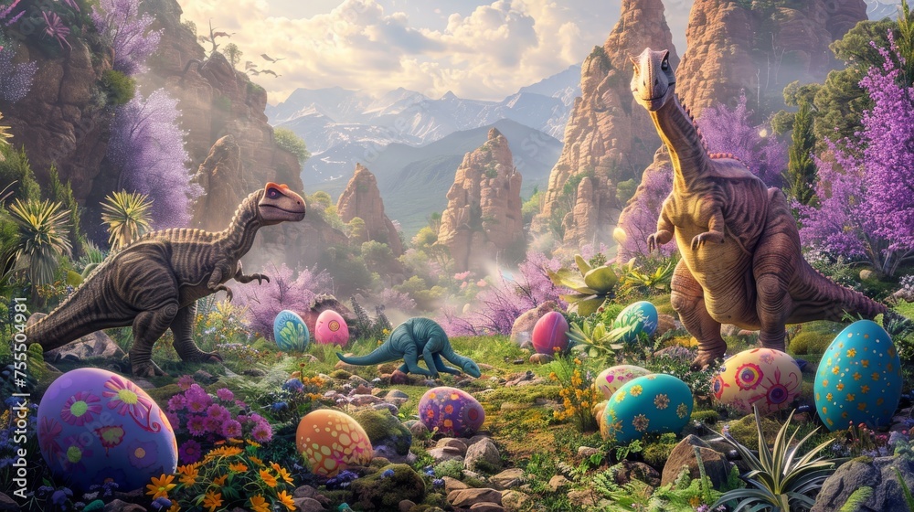 Fototapeta premium Dinosaurs roam a fantasy landscape with colorful Easter eggs nestled among vibrant purple blooms and mountainous terrain under a sunny sky.