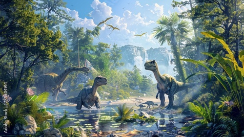 A captivating scene featuring a diverse herd of dinosaurs by a majestic waterfall, with pterosaurs flying overhead in a Cretaceous landscape. photo