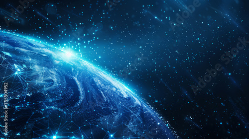 Digital blue globe with networking and technology concept on starry background
