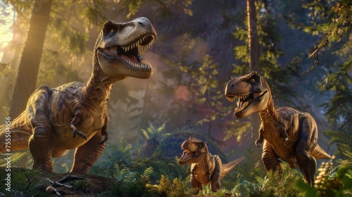 A family of Tyrannosaurus Rex dinosaurs interacts in a forest bathed in the warm glow of sunlight, creating a spellbinding prehistoric scene. © doraclub