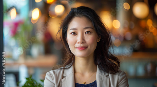 Asian businesswoman in casual attire at a cafe, professional setting