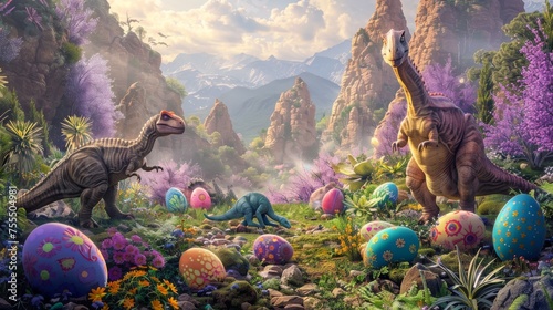 Dinosaurs roam a fantasy landscape with colorful Easter eggs nestled among vibrant purple blooms and mountainous terrain under a sunny sky.