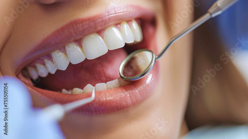 Close-up of a dental examination with mirror and patient s healthy white teeth