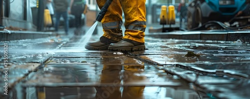 Man cleaning a street tile with a high-pressure hose. Concept Cleaning, Street, High-pressure hose, Maintenance, Urban architecture photo