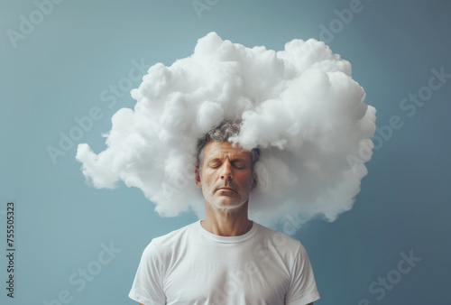 Man with his head in a cloud, symbolizing imagination