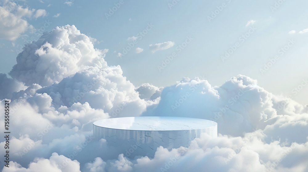 Fototapeta premium A magical display stand surrounded by clouds and the sky as a background. AI generate.