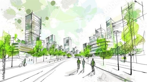 An artistic sketch depicting a bustling urban street scene focused on sustainable development, featuring pedestrians and cyclists coexisting in a green environment with eco-friendly infrastructure. #755506516
