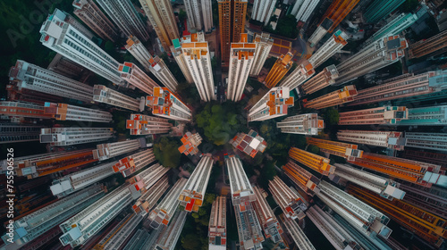 Symmetrical city architecture development scenic aerial view  picturesque beautiful harmony perspective of a green idyllic town