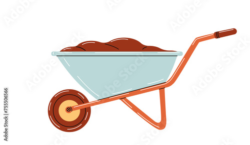Garden cart with soil for plants isolated on white background