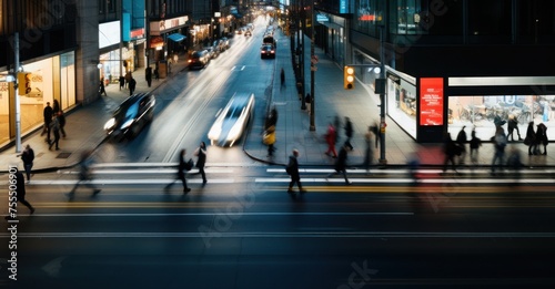 Bustling urban street at night, illuminated and full of life.