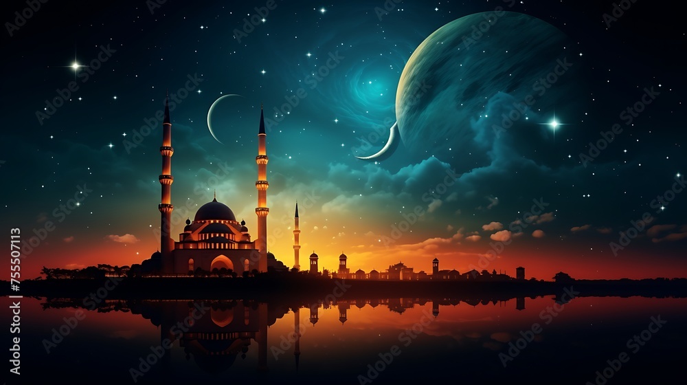 Silhouette of a Mosque Under the Crescent Moon Night Sky