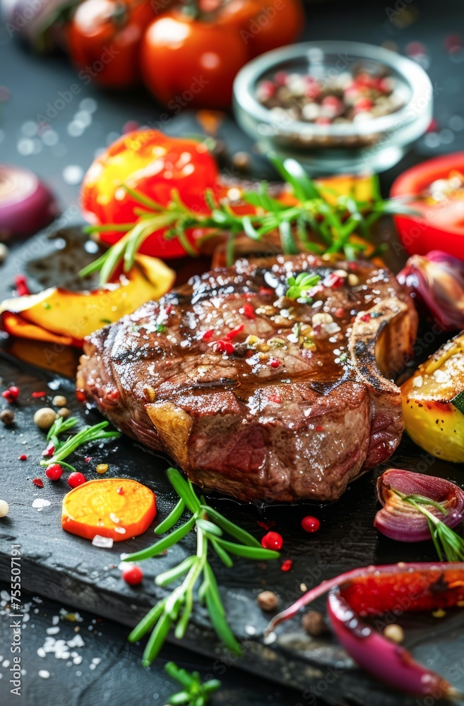 Succulent Grilled Steak Seasoned With Herbs and Spices Surrounded by Vegetables on a Dark Table