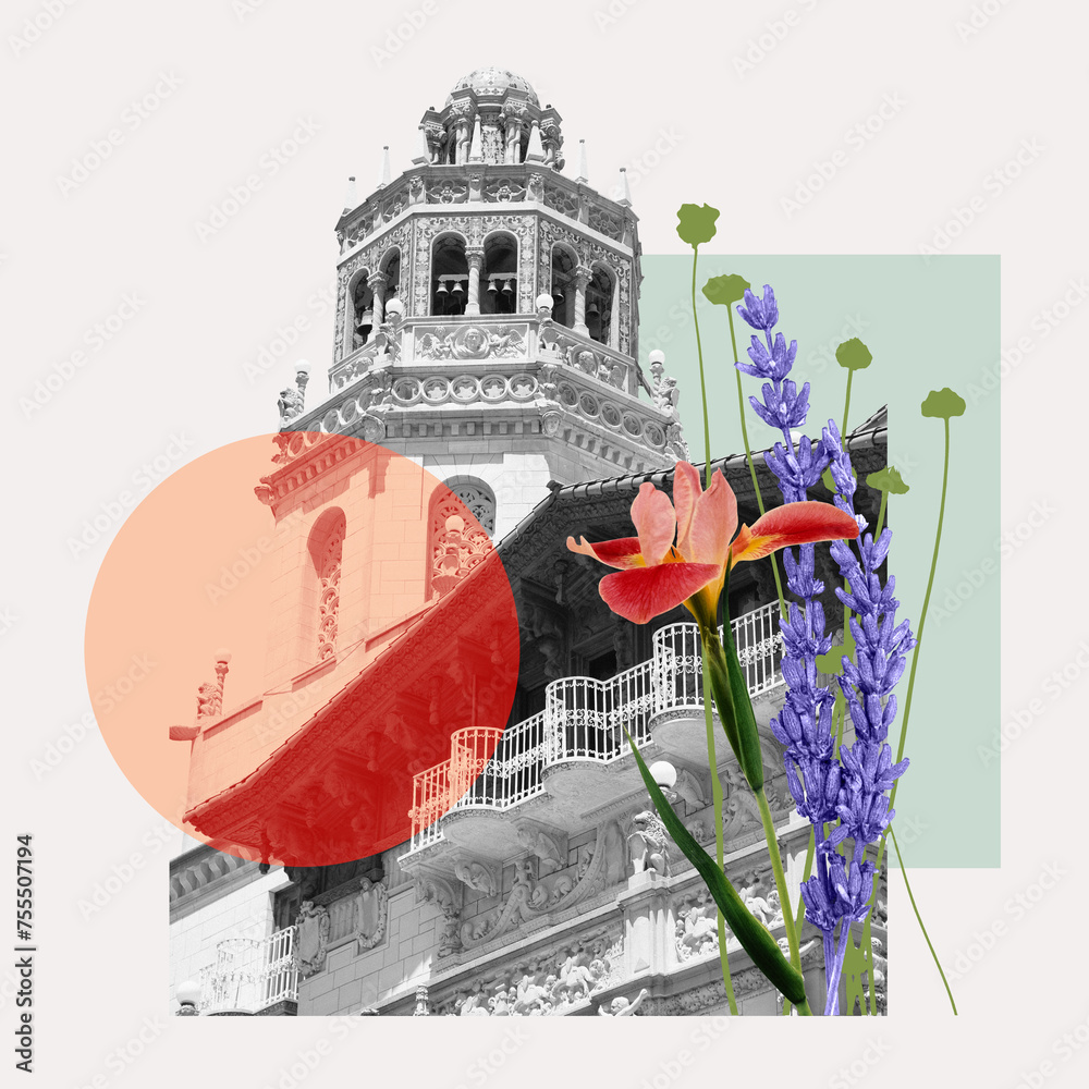Fototapeta premium Creative collage of historic building with ornate tower with bells and vivid flowers. Advertisement for cultural heritage tours focusing on historical architecture. Concept of architecture, creativity