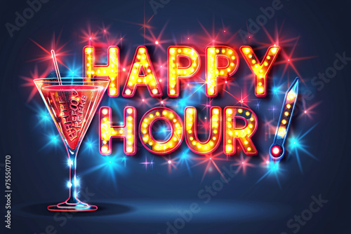 Sparkling Happy Hour sign with martini glass and fireworks