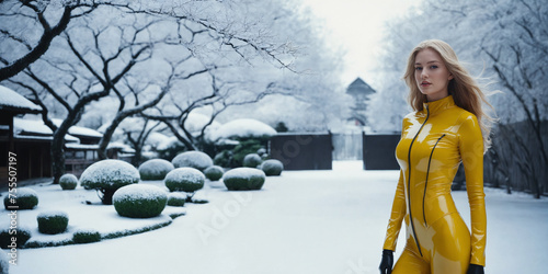 Strong real BDSM adult caucasian blond hair mistress wearing and poses in fetish deep yellow erotic latex rubber catsuit in japan winter frozen snowy garden
