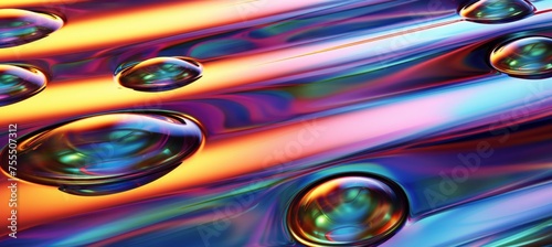 Vibrant holographic liquid orb shapes with metallic drops on abstract background for design photo