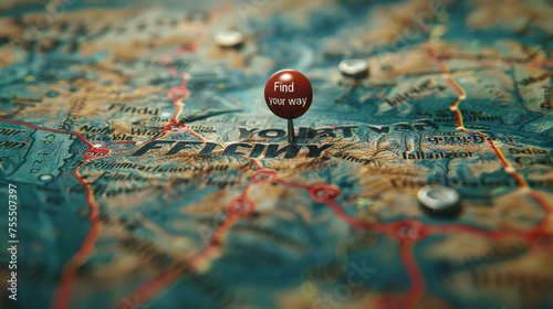 "Find your way" themed image with a location pin on a detailed map, highlighting routes, adventure and discovery concept