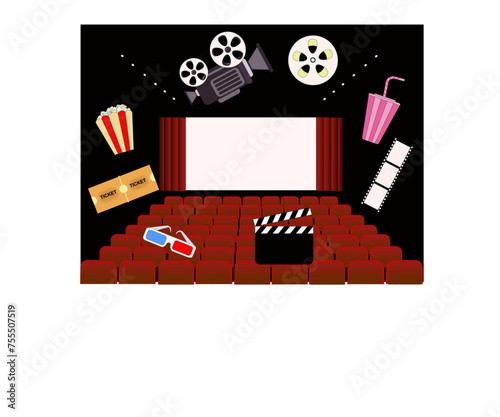 Salle de cinéma avec écran, rideaux et sièges et équipements de cinéma avec caméra, pellicule, lunette 3d, clap, boisson et ticket d'entrée photo