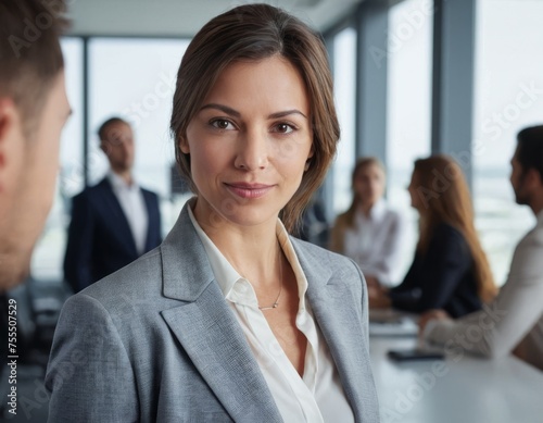 A group of people in suits and ties are posing for a photo. The woman in the center is smiling and looking directly at the camera