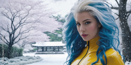 Strong real BDSM adult caucasian blue hair mistress wearing and poses in fetish deep yellow erotic latex rubber catsuit in japan winter frozen snowy garden