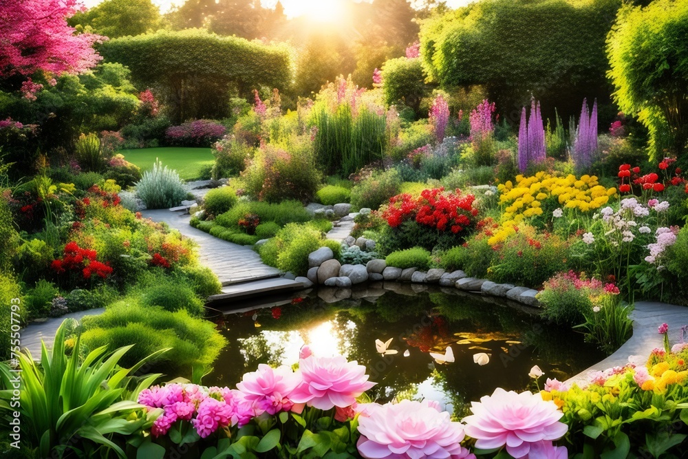 Beautiful flower garden with many beautiful flowers , sunlight, with a pond , a nice house