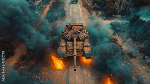 Tanks entering into a ruined city, war destruction urban battlefield siege disaster scene aerial view
