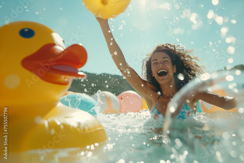 
A joyful woman is playing with beach balls in the sea, surrounded by inflatable toys and splashing water