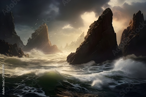 A dramatic seascape featuring rugged sea stacks jutting out of the ocean, battered by crashing waves. 