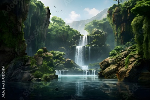 A majestic waterfall cascading down rugged cliffs into a pristine pool below, surrounded by lush greenery. 