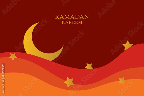 Ramadan Kareem vector backgound, 3d paper cut waves and stars on night sky, template with gold moon.
